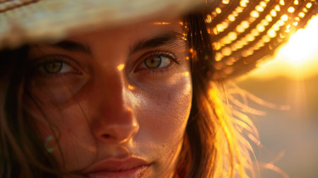 A closeup shot capturing the sun shining through a womans hat, highlighting her nose, eyebrows, eyelashes, and jaw. She looks happy and exudes beauty and fun with this fashion accessory AIG50の素材