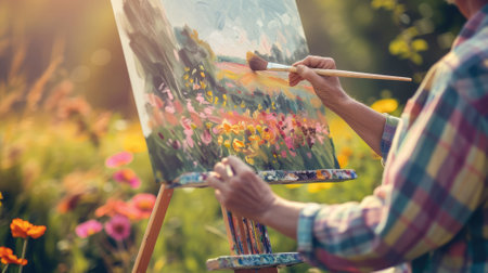 The close up picture of the artist is drawing the painting of the nature that has been surrounded of painter, the painting artist require skill like creativity, patience, focus and experience. AIG43.の素材