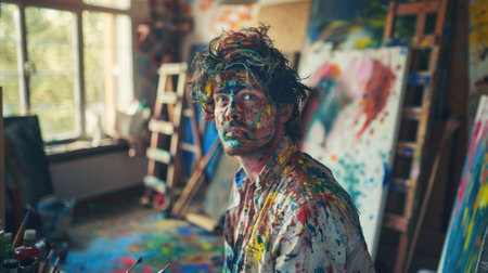 The picture of the person is painting art with colours and working inside their own workshop filled with colourful colour, the painter require skill like creativity, imagination and experience. AIG43.の素材