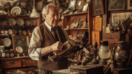 The picture of the antique dealer that working inside the old vintage shop that selling, buying or appraisal the antique, old, retro, classic object in the past but still valuable and elegant. AIG43.の素材