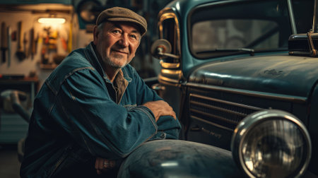 The picture of the adult mechanic looking at the camera with the vintage car in the automobile workshop that use for checking and repairing the various vehicle that need to use the experience. AIG43.の素材