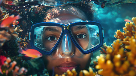 The picture of the diver is diving in the sea or ocean and wearing goggles and snorkel, the diver require skills like knowledge of the diving equipment and gear, buoyancy control and training. AIG43.の素材