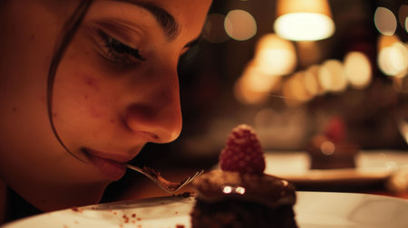 A woman is smiling as she smells a piece of chocolate cake on a plate. The dessert is a delicious baked good, perfect for a birthday celebration AIG50の素材