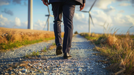The picture of the person is working as business person walking to work near a grass and windmill, the businessman require skill like management, negotiation, marketing and the communication. AIG43.の素材