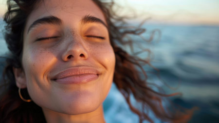 A woman is standing on the beach, feeling the wind in her hair and the warmth of the sun on her closed eyes. Her happy gesture reflects the joy of being in the moment AIG50の素材