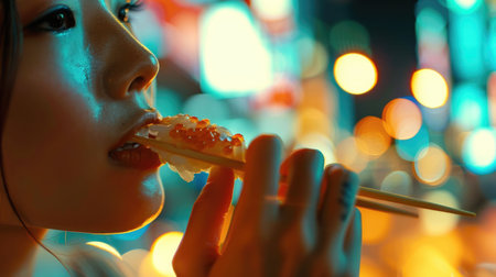 A woman with black hair is holding a tray of sushi, smiling with raised eyebrows and long eyelashes. Her facial expression exudes happiness and cool confidence, enjoying a leisurely and fun momentの素材