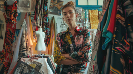 The picture of the dress designer in the studio that has been filled with many the colourful dress on the model, the designer require skills like fabric knowledge, creativity, fashion trends. AIG43.の素材