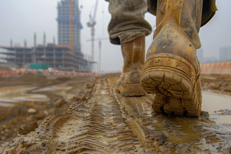 The close up picture of the worker walking inside construction site while wearing the safety shoes, the construction worker require skill like technical knowledge, safety awareness, strength. AIG43.の素材