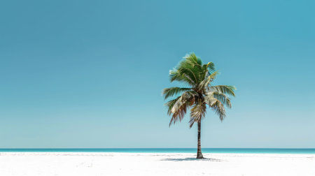 A palm tree stands on the sandy beach near the vast ocean, under a clear blue sky with fluffy clouds, adding to the beautiful coastal natural landscape AIG50の素材