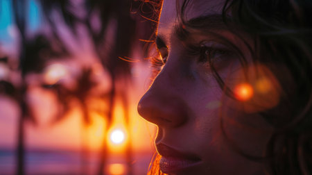 The silhouette of a womans face against a colorful sunset with palm trees and a beautiful natural landscape. Her gesture exudes happiness and peace as the heat of the day gives way to darkness AIG50の素材
