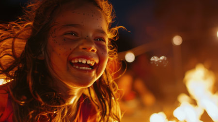 A little girl is happily laughing in front of a crackling fire at midnight, enjoying the warmth and the dancing flames in the darkness of night AIG50の素材