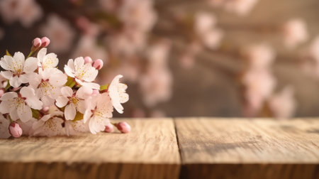 Cherry blossoms on wooden table with soft-focus floral background. Cherry blossoms blooming with pink petal at spring season with blurring background. Springtime and nature beauty concept. AIG35.の素材