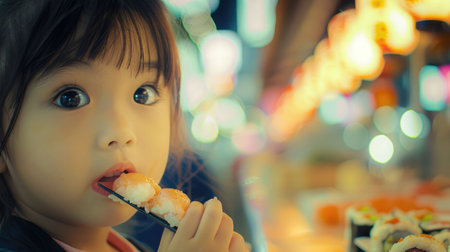 A toddler is happily sharing sushi with chopsticks, embracing the fun of experiencing new cuisine. The sweetness of the food craving brings joy to the event AIG50の素材