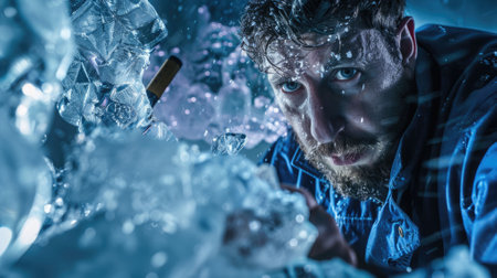 The picture of the ice sculptor holding the tool and equipment for carving the ice block or ice statue in the winter, the ice sculptor require experience in modeling the ice and precision tool. AIG43.の素材