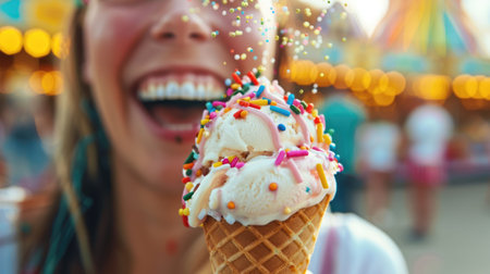 The woman is happily enjoying her ice cream cone with sprinkles on her face at a public event. She smiles with joy, as she indulges in the sweet treat during this fun leisure activity AIG50の素材