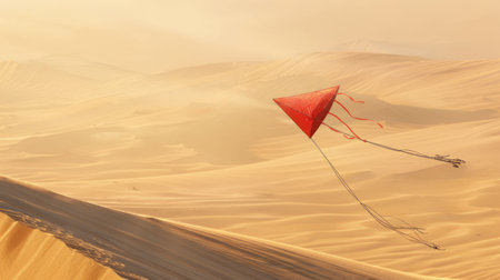 A red kite soars gracefully over a desert landscape in a painting, with cumulus clouds dotting the sky and adding to the atmosphere of heat and wind AIG50の素材