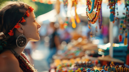 A woman adorned with earrings is enjoying the colorful display at a market in the city. Her fashion accessories add a touch of glamour to the vibrant event, attracting a crowd of onlookers AIG50の素材