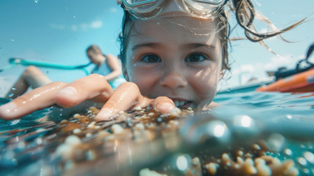 The toddler is happily looking through a magnifying glass, her eyes wide with curiosity and a big smile on her face. She is having fun exploring the world around her AIG50の素材