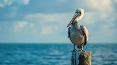 A Pelecaniformes bird with a long beak perched on a wooden post by the lake, gazing at the fluid water under the vast sky AIG50の素材