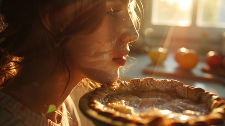 A woman is enjoying a piece of freshly baked pie on a tartan plate, savoring the flaky crust and tasty filling as she chews with satisfaction AIG50の素材