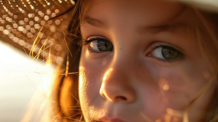 A happy young blond girl in a straw hat is gazing at the camera, showcasing her expressive nose, lip, eyebrow, mouth, jaw, and eyelash. She looks like shes having fun AIG50の素材
