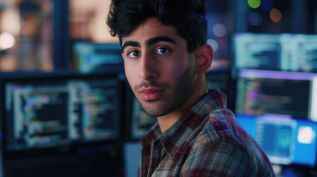 The close up picture of the middle eastern male software developer is working in the office while programming the program on the monitor, a software developer require knowledge and experience. AIG43.の素材