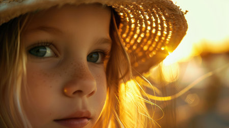 A happy young blond girl in a straw hat is gazing at the camera, showcasing her expressive nose, lip, eyebrow, mouth, jaw, and eyelash. She looks like shes having fun AIG50の素材