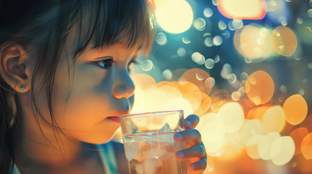 A thoughtful young girl with a cup of juice against a blurred bokeh background. AIG50の素材