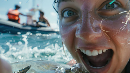 A woman with a smile on her face is holding a crayfish in front of a boat on the water. Her gesture suggests a joyful travel experience on the lake, admiring the naval architecture of the watercraftの素材