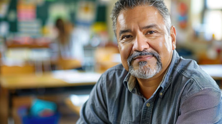 The close up picture of the hispanic teacher, educator or instructor sitting in classroom of school, the educator require skills like classroom management, lesson planning and teaching skill. AIG43.の素材
