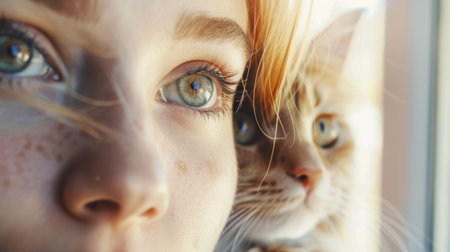 A Felidae and a woman gaze out the window, their noses almost touching. The cats iris dilates as it spots a fawn outside. The womans jaw drops in awe at the felines carnivorous gesture AIG50の素材