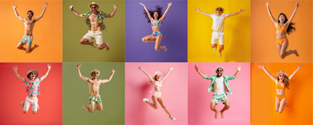 Summer people collection set, diverse people jumping on colorful background, many people funny jump wearing summer outfit fashion ready for swim and summer activity, summertime, beachwear AIG48の素材