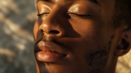 The close up picture captures the person practicing meditation, with eyes closed in a state of peace and tranquility, the meditation require skills like concentration and emotional regulation. AIG43.の素材