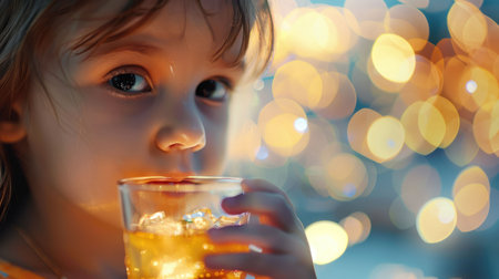 A thoughtful young girl with a cup of juice against a blurred bokeh background. AIG50の素材
