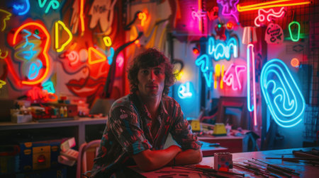 The picture of the neon light artist is working inside workshop that filled with colourful light, the neon light artist require skill like creativity, electrical knowledge and safety awareness. AIG43.の素材