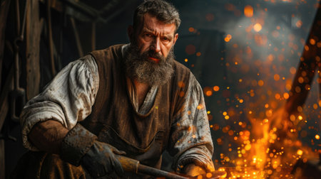 The picture of the blacksmith is working inside the workshop of metalworking that need to use experience, strength and understanding in forging iron, metal, and steel to make good metalwork. AIG43.の素材