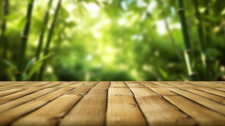 Bamboo plant in pot on wooden table with bamboo forest in background. Green bamboo garden with bright sun ray shine under with blurring background. Zen garden and tranquility concept. AIG35.の素材