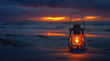 A lantern illuminates the beach as the sun sets, casting a warm glow over the water and sky. The landscape is transformed as dusk falls, creating a peaceful and picturesque scene for travelers AIG50の素材