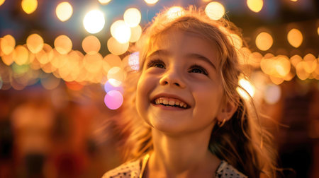 The toddler with electric blue eyes and surfer hair is smiling happily, gazing up at the sky with a sense of wonder and innocence, surrounded by lush green grass AIG50の素材