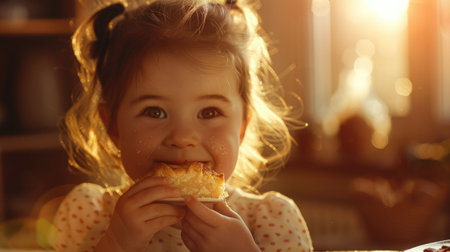 A young girl is seated at a table with a delicious pie in front of her. The aroma of freshly baked goods fills the room, enticing her to take a bite and share the tasty treat with others AIG50の素材