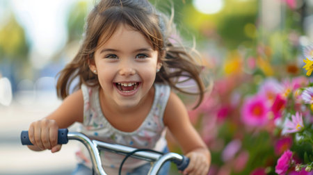 A toddler is happily riding a bicycle in a public space, with balloons in the background. Her smile and facial expression show she is having fun during a leisure event, sharing joy with others AIG50の素材