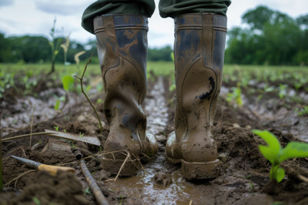 The close up picture of the farmer is walking inside the farm while wearing the dirty boots, the farmer require skill like soil knowledge, farm management, weather monitoring and the marketing. AIG43.の素材