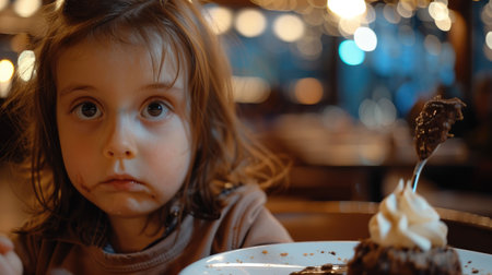 A young girl is enjoying a slice of chocolate cake using a fork. She is savoring the delicious dessert at an event, her bangs brushing against her eyelashes AIG50の素材