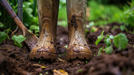 The picture of the dirty boots from dirt and soil inside the garden that has been surrounded with plant and tree, the gardener require skill like plant knowledge, planting and soil management. AIG43.の素材