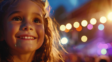 The toddler with electric blue eyes and surfer hair is smiling happily, gazing up at the sky with a sense of wonder and innocence, surrounded by lush green grass AIG50の素材