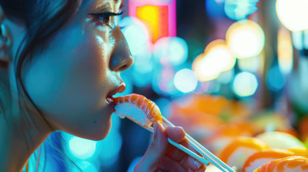A woman with black hair is holding a tray of sushi, smiling with raised eyebrows and long eyelashes. Her facial expression exudes happiness and cool confidence, enjoying a leisurely and fun momentの素材