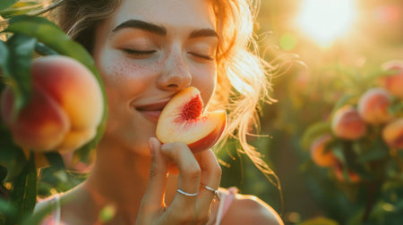 A happy woman with a smile on her face is enjoying a ripe peach in a field surrounded by tall grass and trees. Her eyelashes flutter with joy as she savors the natural fruit, having fun in natureの素材