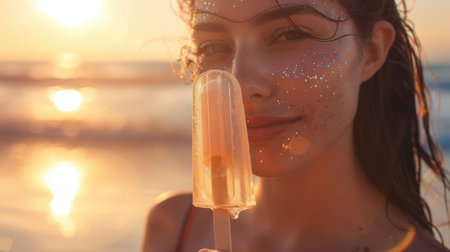 A closeup photo capturing the womans eyebrow raised in surprise as she feels the cold piece of ice on her nose, with a happy expression in her eyes and a slight jaw gesture AIG50の素材