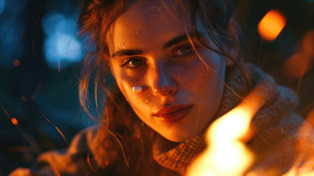 A close up of a woman with black hair, amber eyes, and a smile as she looks at the fire. Her nose and eyebrows are highlighted by the heat, while her eyelashes flutter in the fun of the moment AIG50の素材