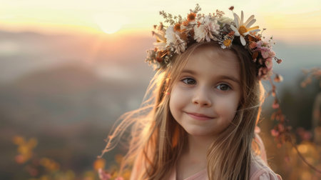 A happy toddler with blond hair and a flower headpiece smiles with an iris in her hand. She stands on the grass, ready for a flash photography session AIG50の素材